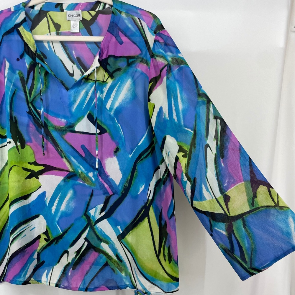 Chico's Size 2 Large 100% Silk‎ Blouse Blue Green Abstract Print Top 100% Silk - Picture 5 of 7